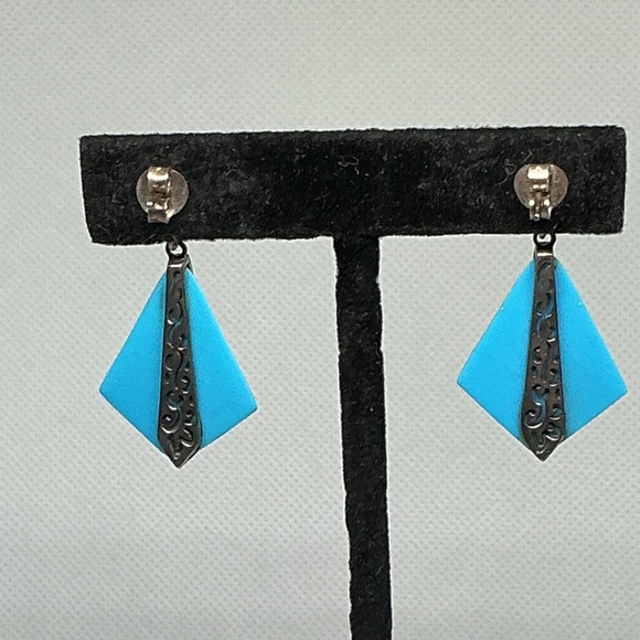 925 Sterling Silver Faux Turquoise Marcasite Art Deco Style Dangle Earrings - Picture 3 of 9
